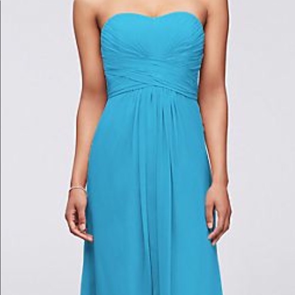 david's bridal long strapless chiffon dress and pleated bodice